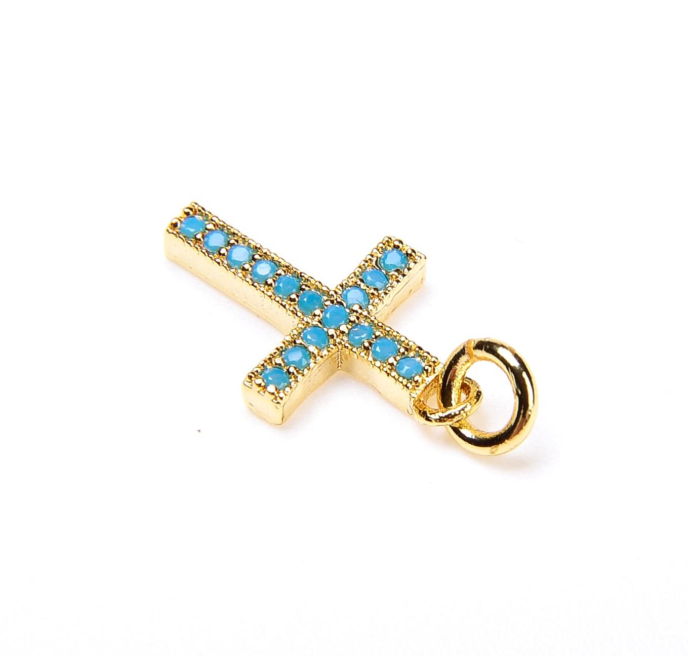 18K Gold Micro Pave CZ Turquoise Cross Charm CP007