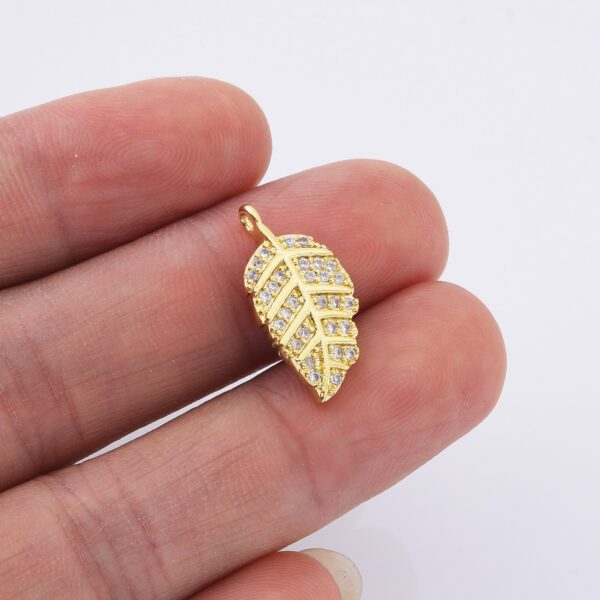 Feather/ LEAF charms, Gold Micro Pave CZ Leaf charm, Cubic Zirconia , DIY bracelet charm, 20x10mm | CP024 - Image 3