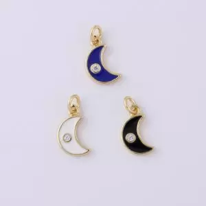 18K Gold Enamel Crescent Half Moon Enamel Charms Cubic Zirconia 12x18mm CP928