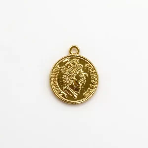 Gold Filled Queen Coin Charm, Embossed Royal Sovereign Portrait Medallion Pendant, Vintage Style Disc, Wholesale Jewelry Making Supply CP808