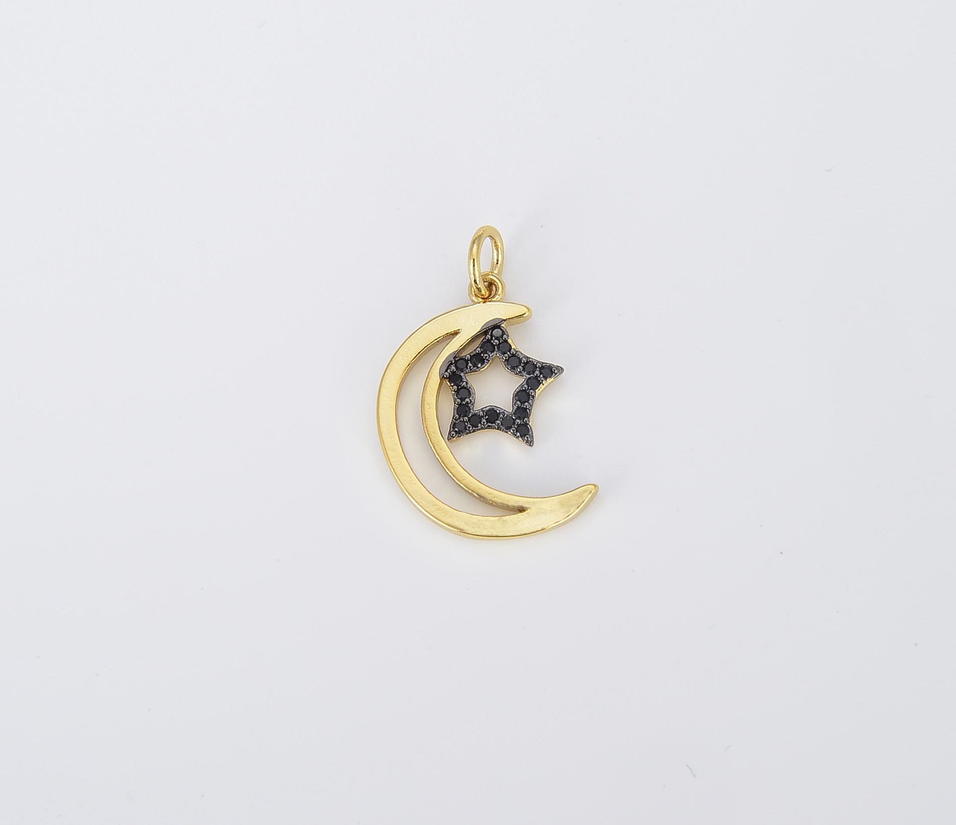 18K Gold Filled Cubic Zirconia Micro Pave Moon Necklace,Charm Moon Pendant,Crescent Charm with North Star,for DIY Jewelry Making Supply