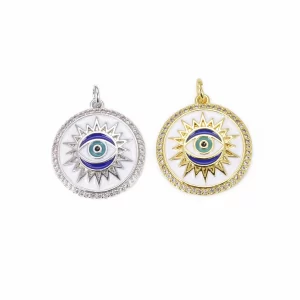 Enamel Evil Eye Sun Charm CZ, 14K Gold Evil Eye Charm, Evil Eye Jewelry, Evil Eye Necklace, Evil Eye Pendant, 24x19mm, CP818