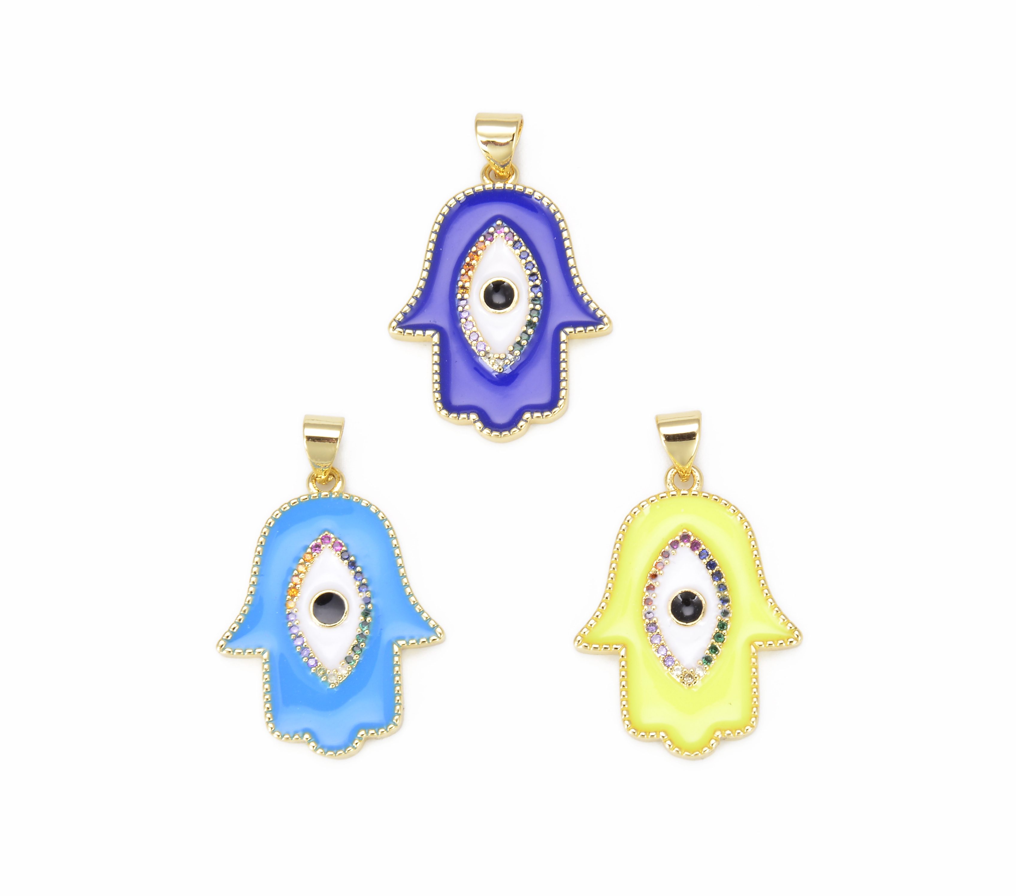 Hamsa Hand Enamel Charm Pendant, 18K Gold CZ Micro Pave Hamsa Hand ...