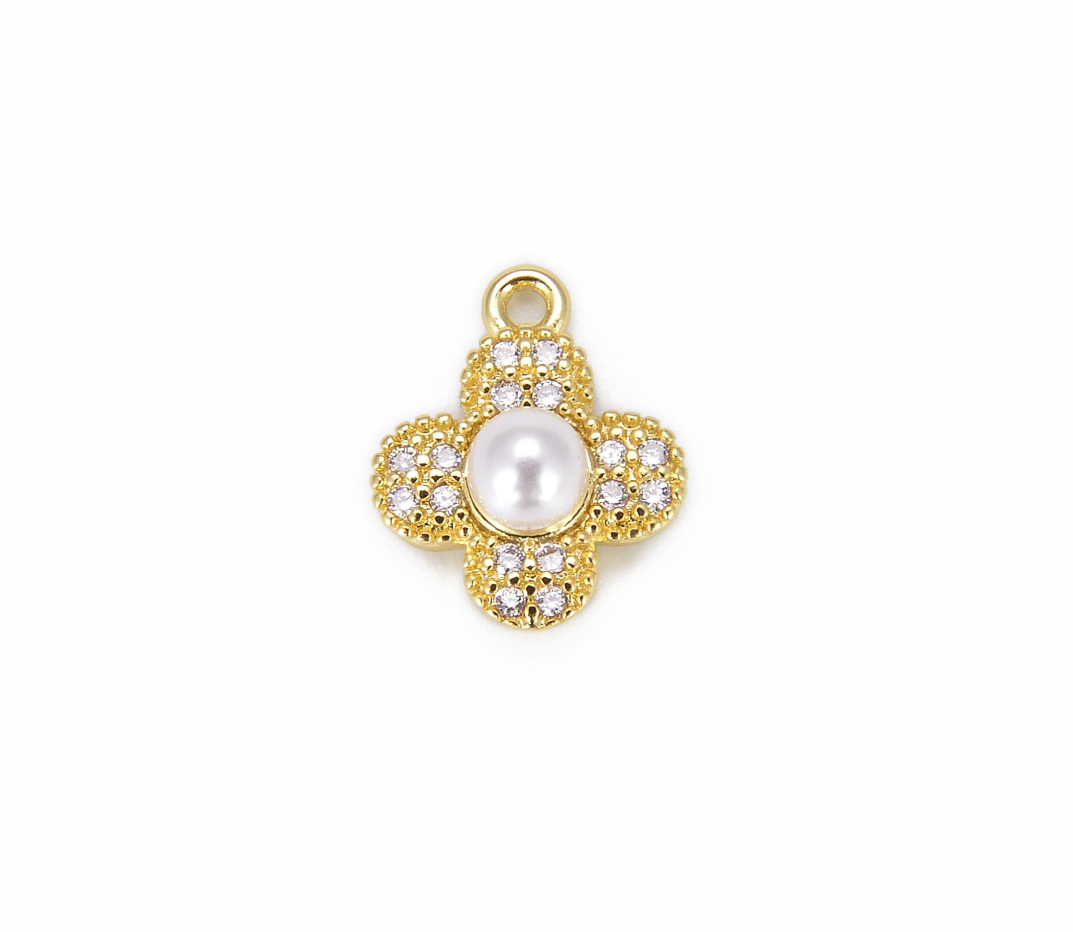 Four Leaf Clover Shell Charm CZ with Pearl, Clover Charm, Clover ...