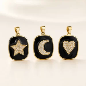 Black Enamel Star Moon Heart Charm, Gold Filled Celestial Pendant Necklace, CZ Crystal Jewelry, Unique Gift for Her, Statement, CP1061