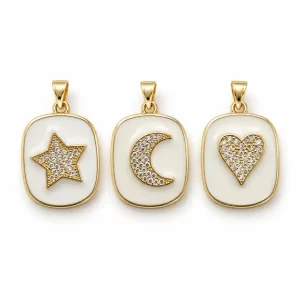 White Enamel Star Moon Heart Charm, Gold Filled Celestial Pendant Necklace, CZ Crystal Jewelry Gift for Her, Unique Statement, CP1061