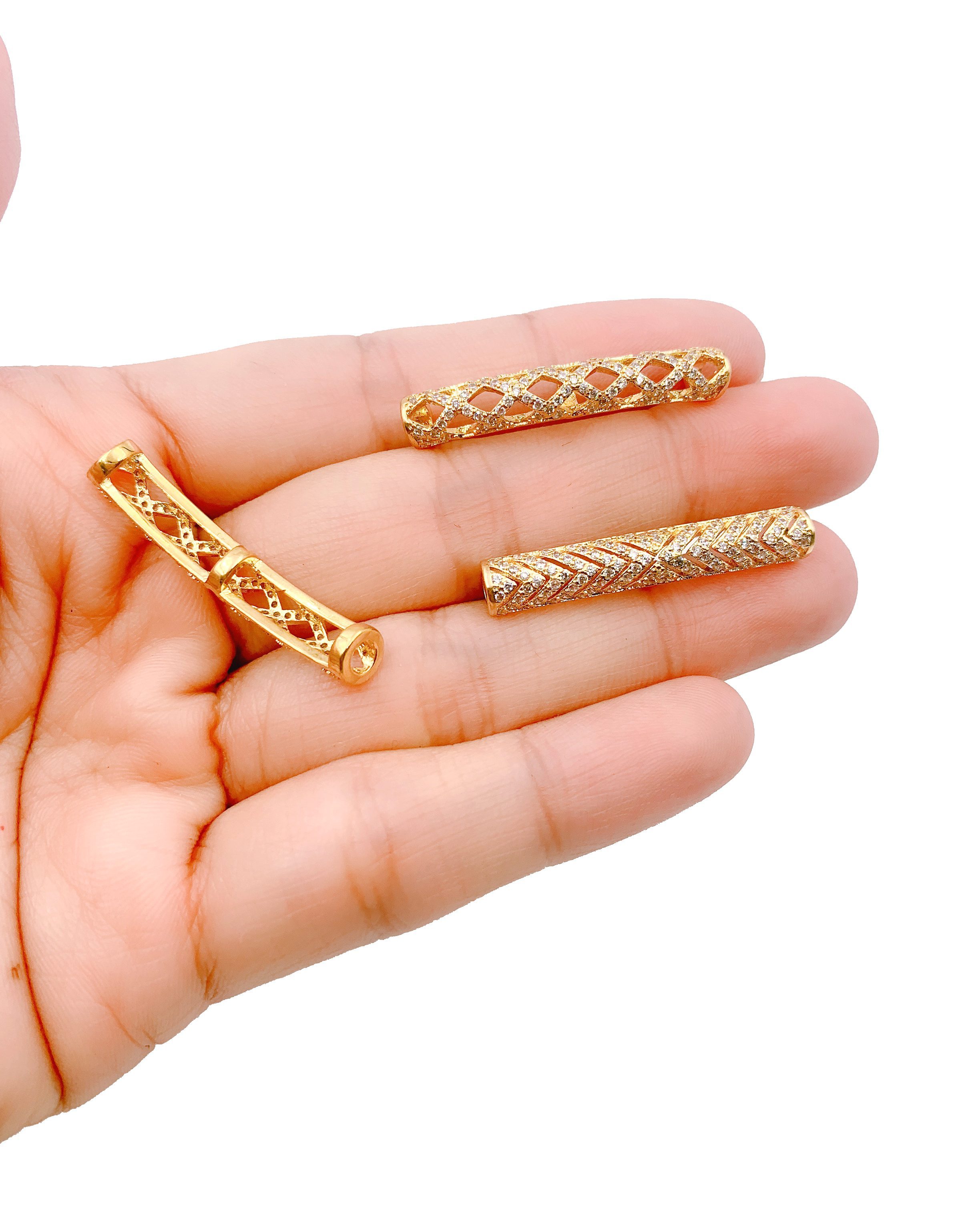 Long Curved Tube Bead, CZ Micro Pave Curved Tube Beads, Half Full Long