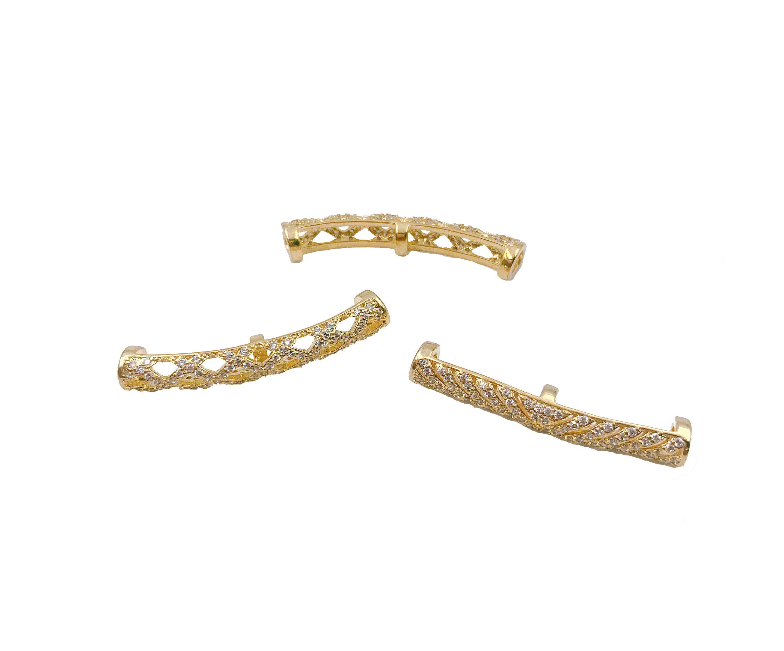 Long Curved Tube Bead, CZ Micro Pave Curved Tube Beads, Half Full Long