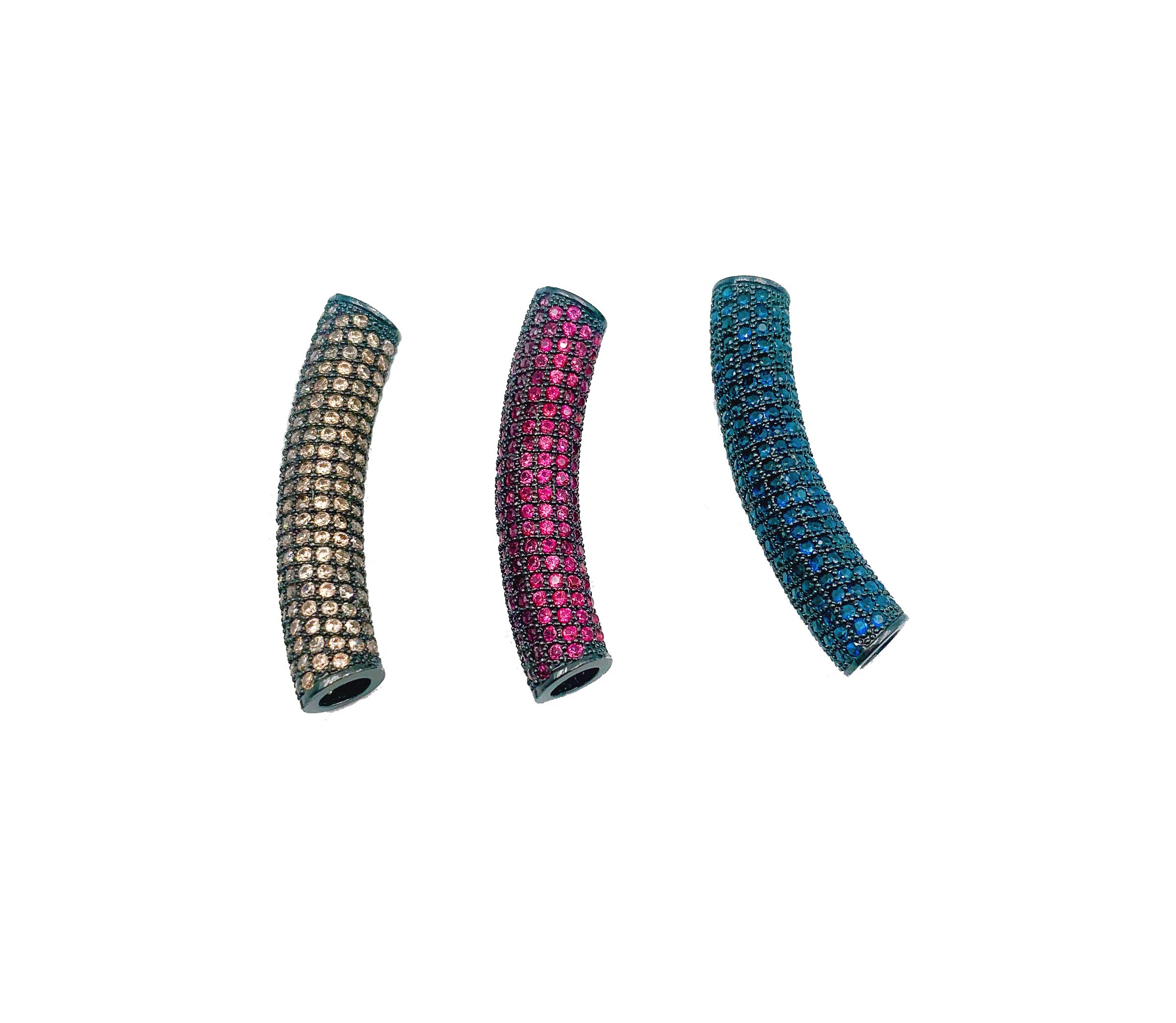Long Curved Tube Bead, CZ Micro Pave Curved Tube Beads, Half Full Long