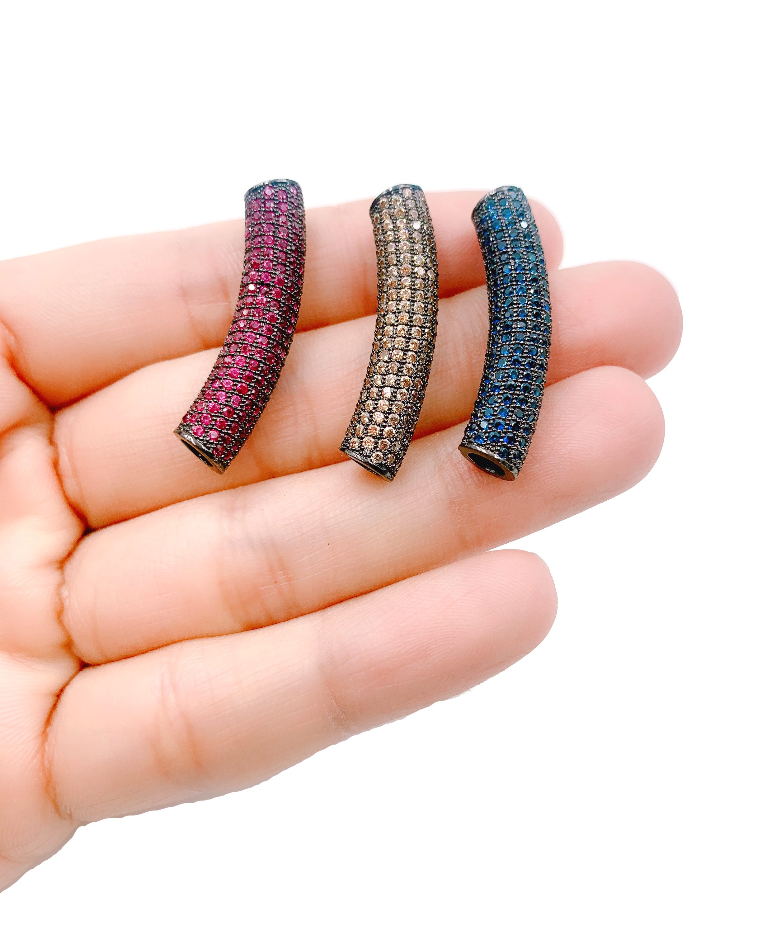 Long Curved Tube Bead, CZ Micro Pave Curved Tube Beads, Half Full Long