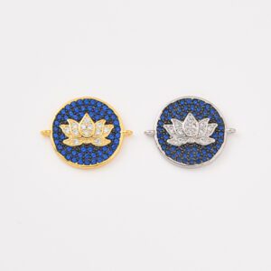 Blue CZ LOTUS Flower Connector, 14K Gold Micro Pave CZ Lotus Connector, Cubic Zirconia, Silver/Gold/Black Lotus Flower Link, |CN017