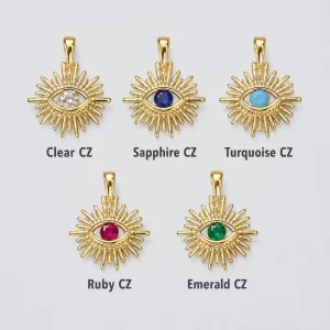 Gold Filled Evil Eye CZ Charm, Sunburst Eye Pendant, Clear Sapphire Turquoise Ruby Emerald CZ, DIY Necklace Bracelet Jewelry Making, CP1107