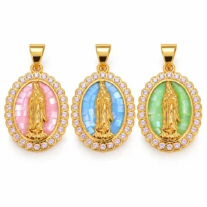 Gold Filled Virgin Mary Pendant, Pink Blue Green Mosaic Enamel Charm, CZ Rhinestone Halo Religious Medal for Necklace Jewelry Making, CP1156
