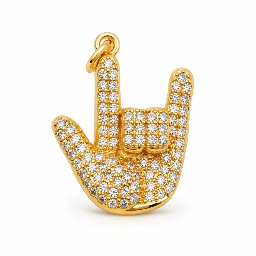Gold Filled CZ I Love You Sign Charm, Pave Rhinestone Hand Gesture Pendant, Rock On Sign Charm for Bracelet Necklace Jewelry Making, CP1173
