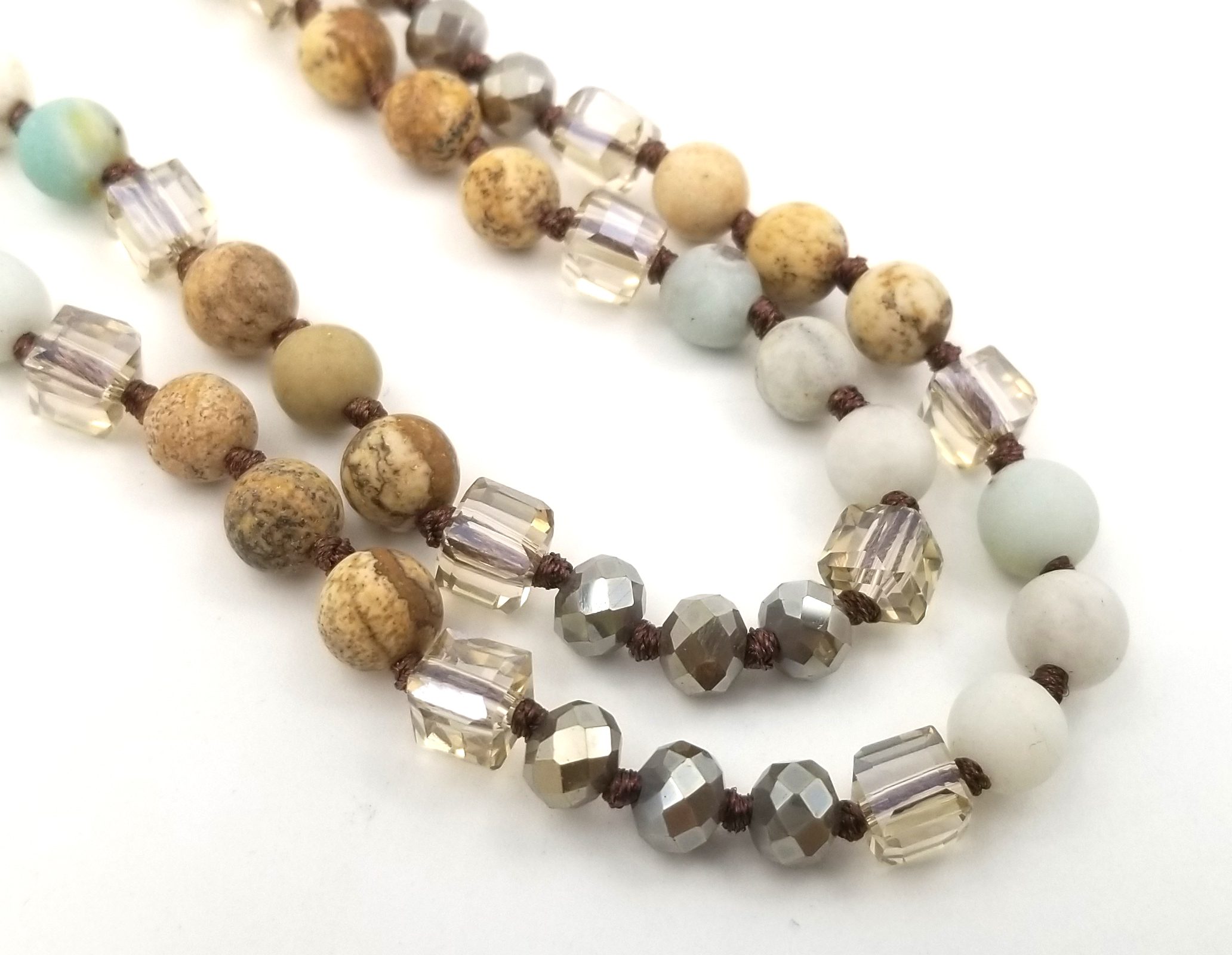 32″ Long Hand Knotted Necklace with Amanzonite Picture Jasper Gemstone ...