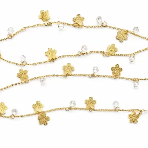 Gold Filled Crystal Flower Station Chain by the Foot, Dangle Charm Chain, Beaded Jewelry Chain for Necklace Bracelet Making, CH075