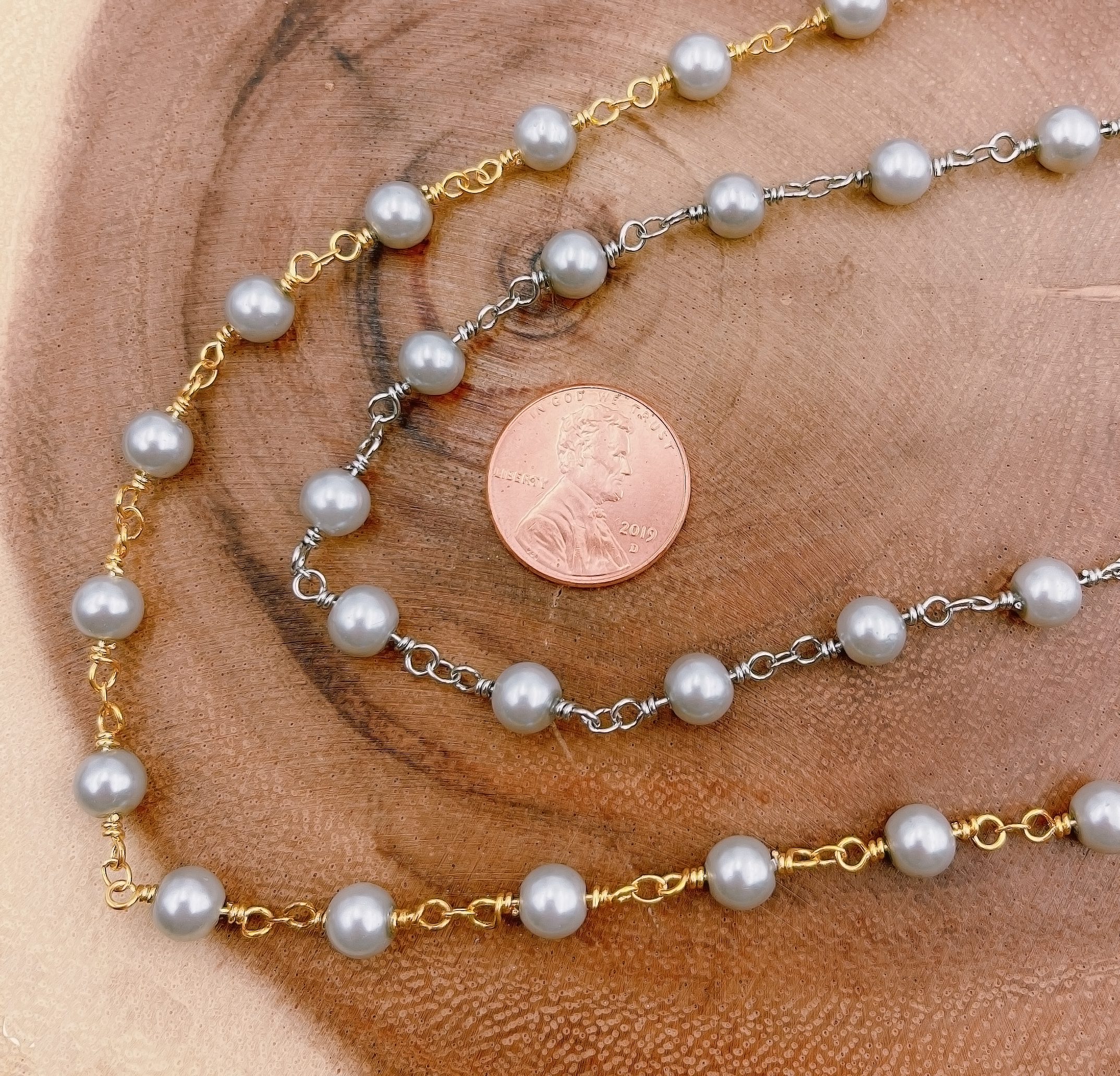 14k Gold Filled Pearl Chain Grey Pearl Rosary Chain Bulk Chain
