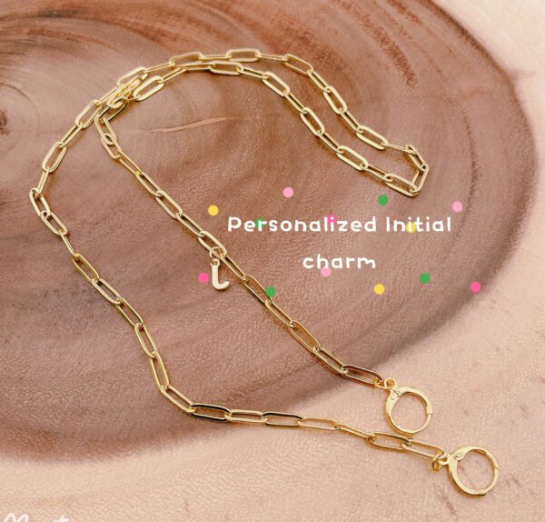Gold Paper Clip Face Mask Chain with Personalized Initial Charm