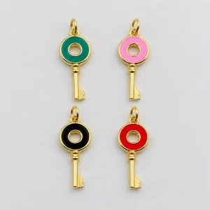 Gold Filled Enamel Key Charm, Colorful Skeleton Key Pendant, Pink Black Red Green Key Jewelry Finding for DIY Necklace Bracelet, CP1312