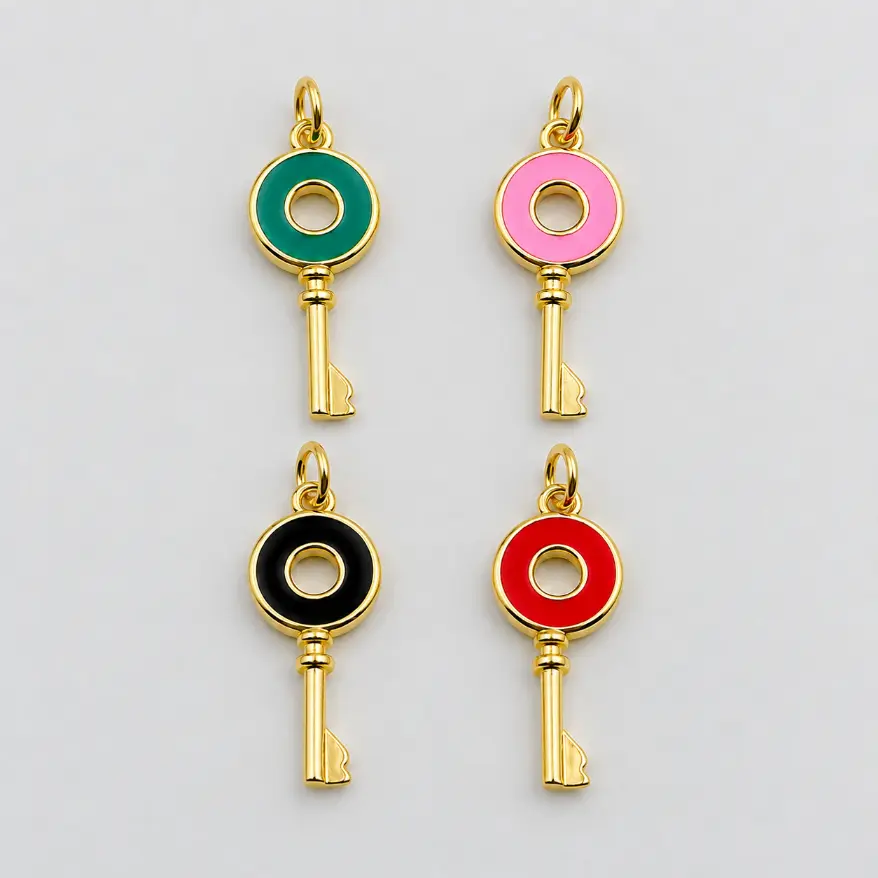Gold Filled Enamel Key Charm, Colorful Skeleton Key Pendant, Pink Black Red Green Key Jewelry Finding for DIY Necklace Bracelet, CP1312