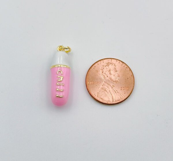 Pink Enamel Pill Shape Pendant and Coin