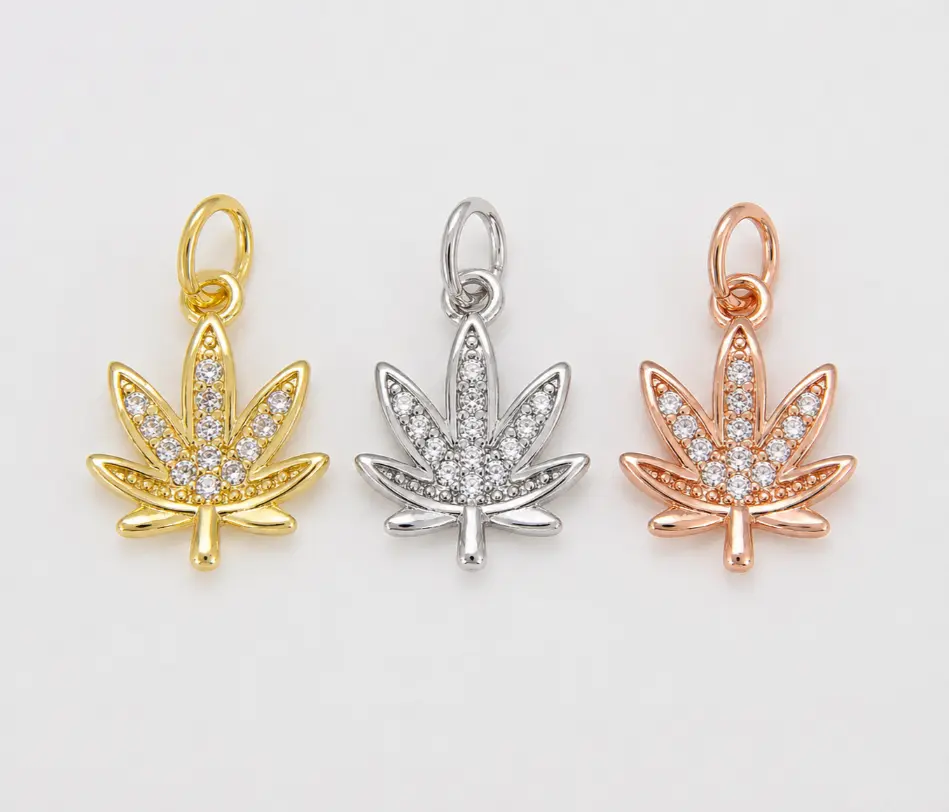 Gold Filled Cannabis Leaf Charm, Pave CZ Marijuana Leaf Pendant, Crystal Weed Leaf Jewelry Finding, Pot Leaf Necklace Bracelet Charm, CP686