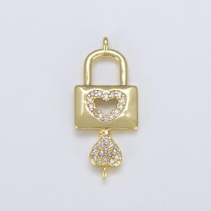 Gold Heart Padlock and Key Charm Connector