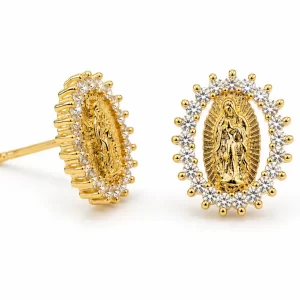Gold Filled Virgin Mary Earrings, Catholic Religious Earrings, Blessed Mother Stud Earrings, Rhinestone Mary Jewelry, Faith Gift, ER140