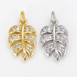 Monstera Leaf Charm, 18K Gold Micro Pave CZ Monstera Deliciosa Split Leaf Swiss Cheese Cuttings leaf Bracelet Necklace Charm, CP025
