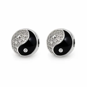 Silver Yin Yang Bead, Black Enamel CZ Spacer Bead, Pave Crystal Round Bead for Bracelet Necklace Jewelry Making Supplies, BD113