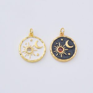 Black Enamel Sun and Moon Charm, Micro Pave Celestial Sunshine Charm, Crescent Moon, Sunray Pendant for Necklace Earring Supply, CP1634