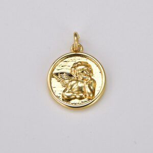 Round Gold Medal Angel Charm Pendant, Angel Charm, Cupid Charm, Guardian Angel Charm, Angel Necklace, Charm Pendant, 15x13mm, CP861