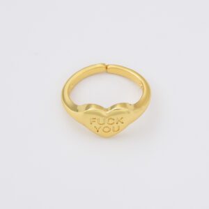 Gold Filled Heart Statement Ring with Engraved Text, Fuck You Ring, Adjustable Bold Jewelry for Breakup Gift, Anti-Valentine Mood, RG153