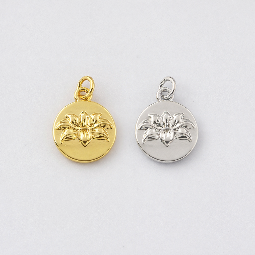 Gold Filled Floral Medallion Charm, Round Flower Necklace Pendant for DIY Jewelry Making, Dainty Botanical Vintage Gift Charm, CP750