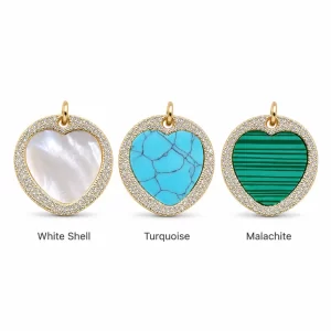 Gold Filled Heart Charm, Mother of Pearl Heart Pendant, Turquoise Heart Charm, Malachite Heart Pendant, Pave CZ Jewelry Finding, CP1805