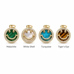 Gold Filled Smiley Face Charm, Gemstone Smile Pendant, Malachite Turquoise Tiger Eye Shell Charm, Pave CZ Jewelry Finding, CP1808