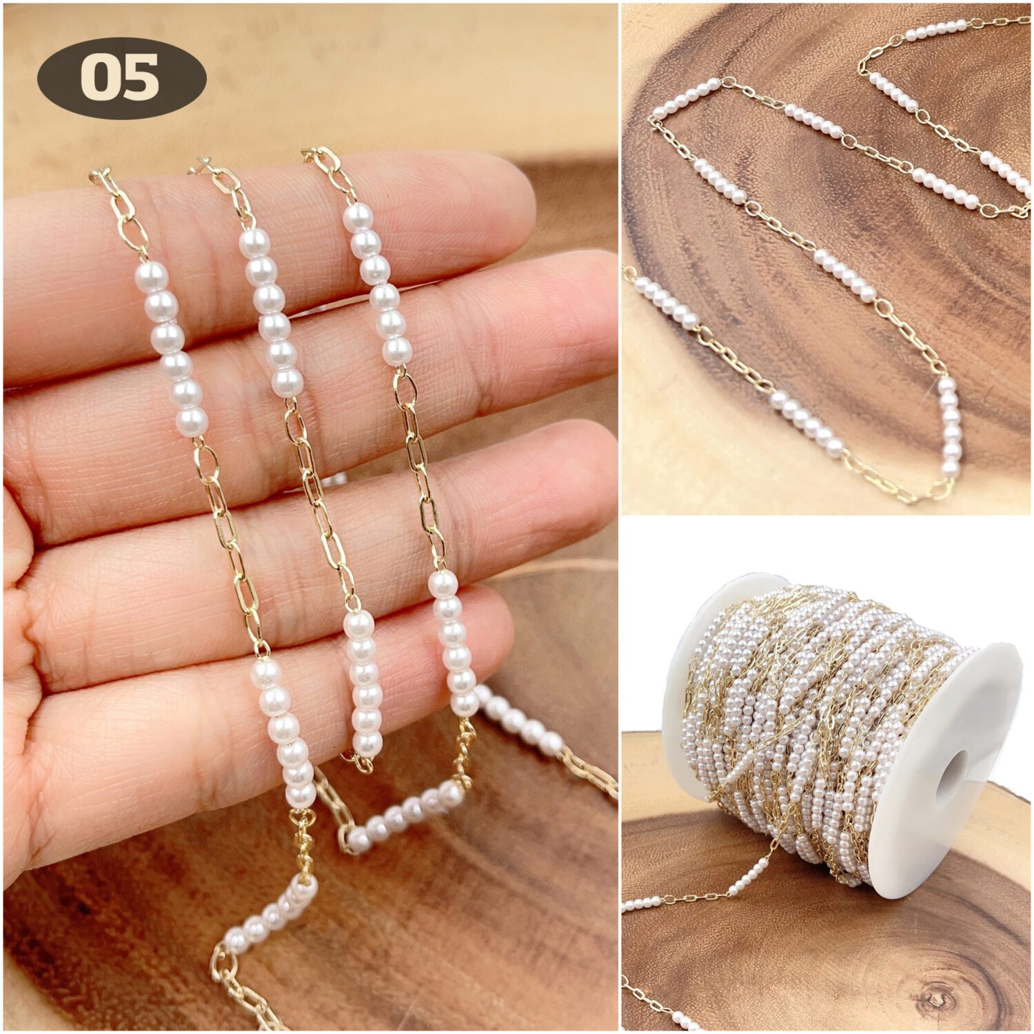 White Pearl Beads Chains Gold Color Stainless Steel Chain Link Pearl Beaded  Chain for Necklace Making Jewelry DIY Bracelet
