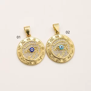Gold Filled Evil Eye Medallion Charm, Textured Round Coin Pendant, Greek Matia Protection Talisman, Wholesale Jewelry Making Supply, CP1266