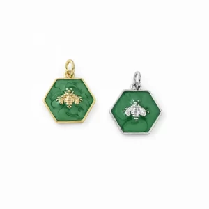 Gold Filled Hexagon Bee Charm, Green Enamel Honeybee Geometric Pendant for Necklace Bracelet DIY Jewelry Making Supplies Nature Gift, CP1831