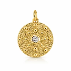 Gold Filled Round CZ Sun Medallion Pendant, Textured Coin Charm, Dotted Disc Necklace Pendant, Minimalist Jewelry Making Supplies, CP1832