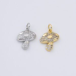 Gold Filled Mushroom Charm Pendant, Silver Tone Crystal Pave Toadstool Charm for DIY Necklace Bracelet Earring Jewelry Making, CP319