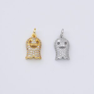 Ghost Charm, Gold CZ Micro Pave Ghost Pendant, Halloween Charm, Cubic Zirconia, Ghost Pendant for Jewelry Making, 18x9mm, CP322