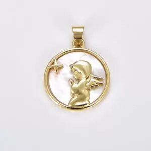 Dainty Pearl Praying Angel Coin Medallion Pendant, Gold Filled Round Shell Pearl Child Angel Charm for Jewelry Making, 25x18mm, CP1860