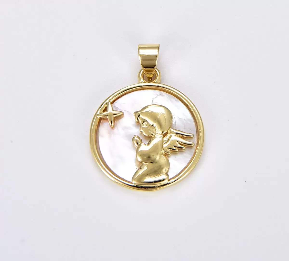 Dainty Pearl Praying Angel Coin Medallion Pendant, Gold Filled Round Shell Pearl Child Angel Charm for Jewelry Making, 25x18mm, CP1860