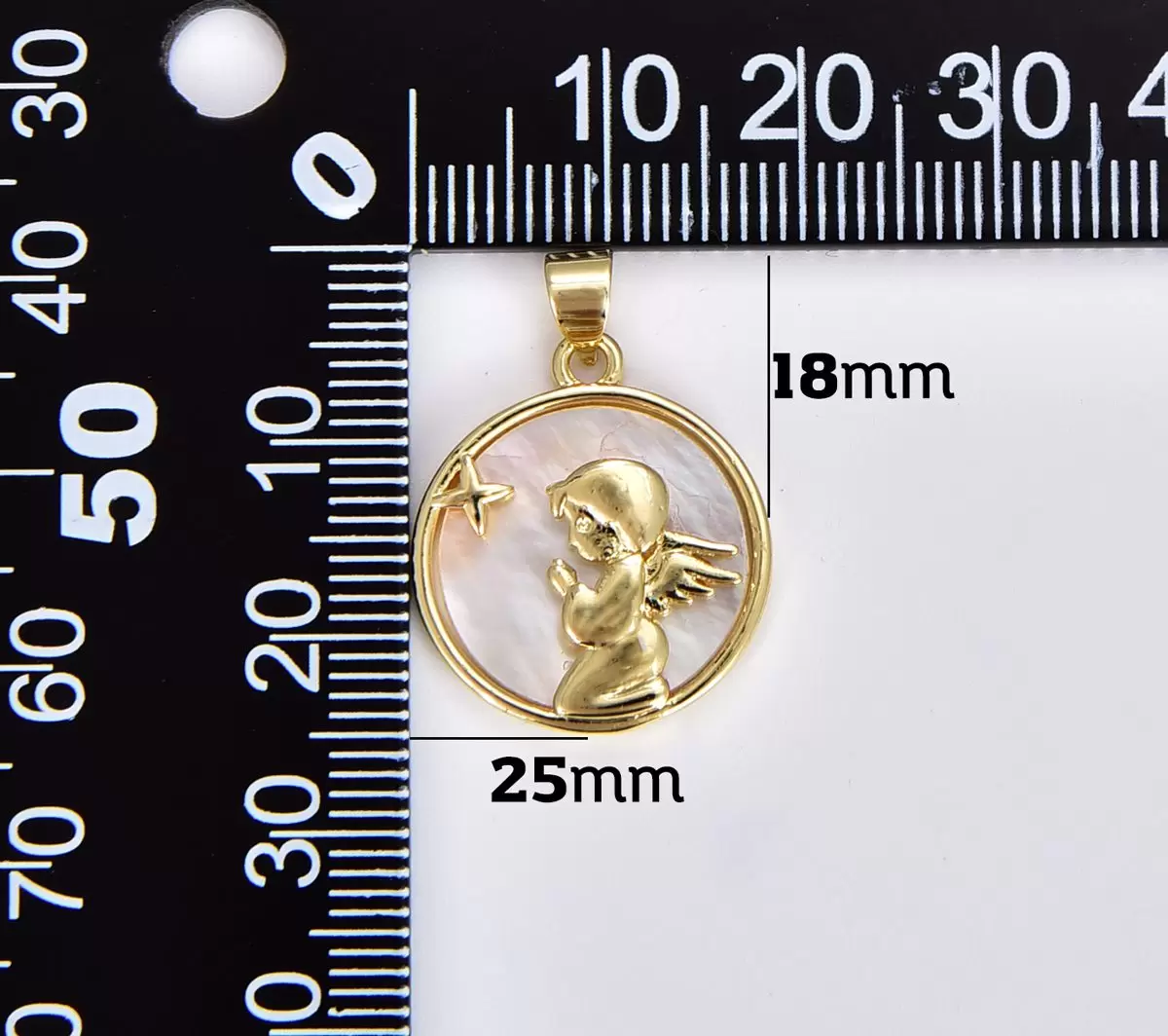 Dainty Pearl Praying Angel Coin Medallion Pendant, Gold Filled Round Shell Pearl Child Angel Charm for Jewelry Making, 25x18mm, CP1860 - Image 2