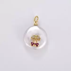 Freshwater Pearl Cherry Charm Pendant, CZ Micro Pave Cherry Pendant, Cherry Necklace, Cherry Charm, Cubic Zirconia, 24x17mm, CP1140