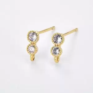 1 pair Double Round Clear CZ Stud Earrings, Gold Filled Round Drop CZ Earrings, Open Loop Stud Earrings Supply, Gift for Her, 9x4mm, ER254