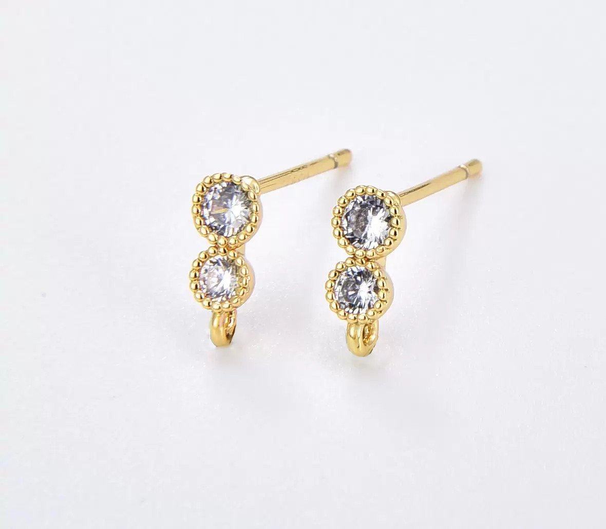 1 pair Double Round Clear CZ Stud Earrings, Gold Filled Round Drop CZ Earrings, Open Loop Stud Earrings Supply, Gift for Her, 9x4mm, ER254