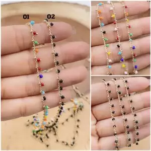 Black Multi Color Spinel Crystal Beaded Chain 14K Gold, Cluster Rosary Chain, Beaded Chain, Bulk Chain, 2mm, CH040