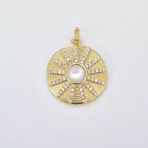 Gold Filled Sun Charm Necklace, Celestial Necklace Pendant Gold Pearl Sun Beam Mother of Pearl Charm Necklace Sunburst Charm, 26x21mm CP1903